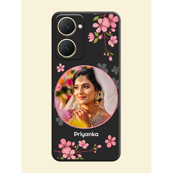 Round Image with Pink Color Floral Design on Photo On Space Black Custom Soft Matte Mobile Back Cover - Vivo Y18e Round Image with Pink Color Floral Design on Photo On Space Black Custom Soft Matte Mobile Back Cover - Vivo Y18e