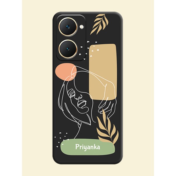 Custom Text With Line Art Of Women & Leaves Design On Space Black Custom Soft Matte Mobile Back Cover - Vivo Y18e