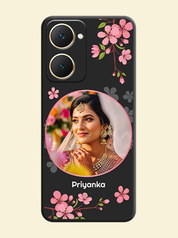 Round Image with Pink Color Floral Design on Photo On Space Black Custom Soft Matte Mobile Back Cover - Vivo Y18i