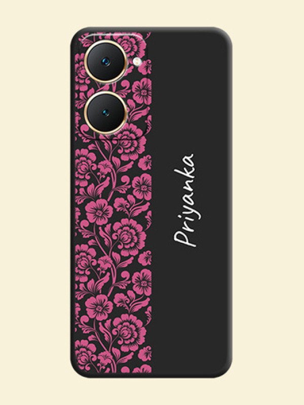 Pink Floral Pattern Design With Custom Text On Space Black Custom Soft Matte Mobile Back Cover - Vivo Y18T