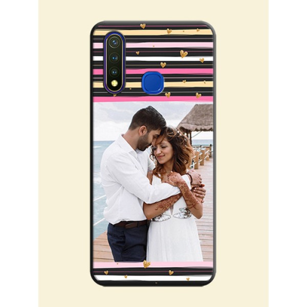 Multicolor Lines and Golden Love Symbols Design - Photo on Space Black Soft Matte Mobile Cover - Vivo Y19 Multicolor Lines and Golden Love Symbols Design - Photo on Space Black Soft Matte Mobile Cover - Vivo Y19