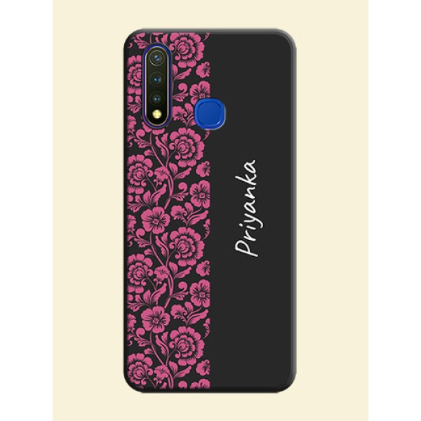 Pink Floral Pattern Design With Custom Text On Space Black Personalized Soft Matte Phone Covers -Vivo Y19 Pink Floral Pattern Design With Custom Text On Space Black Personalized Soft Matte Phone Covers -Vivo Y19