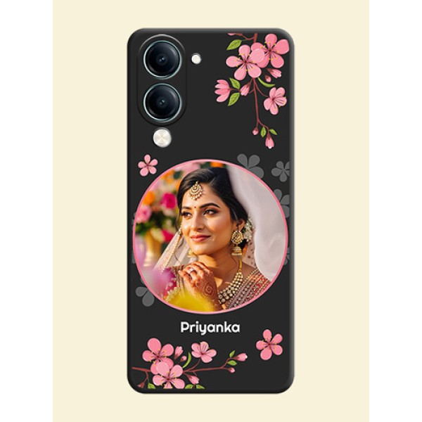 Round Image with Pink Color Floral Design on Photo On Space Black Custom Soft Matte Mobile Back Cover - Vivo Y19s Round Image with Pink Color Floral Design on Photo On Space Black Custom Soft Matte Mobile Back Cover - Vivo Y19s
