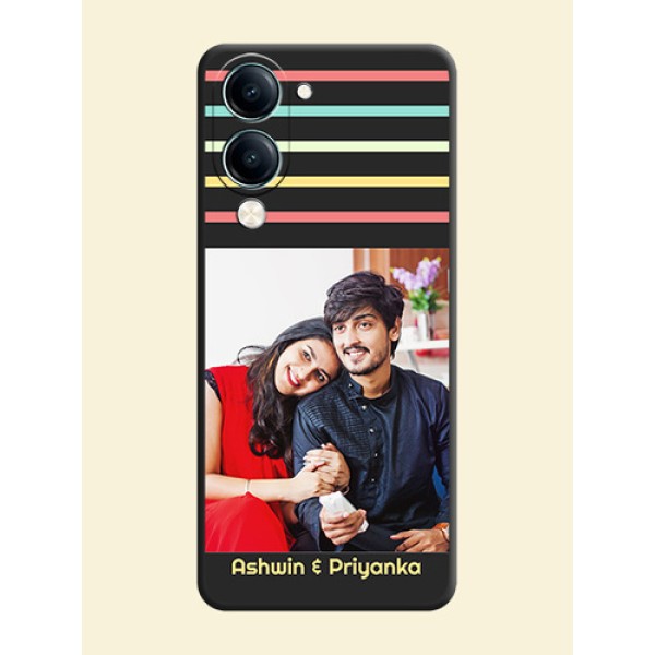 Color Stripes with Photo and Text on Photo On Space Black Custom Soft Matte Mobile Back Cover - Vivo Y19s Color Stripes with Photo and Text on Photo On Space Black Custom Soft Matte Mobile Back Cover - Vivo Y19s