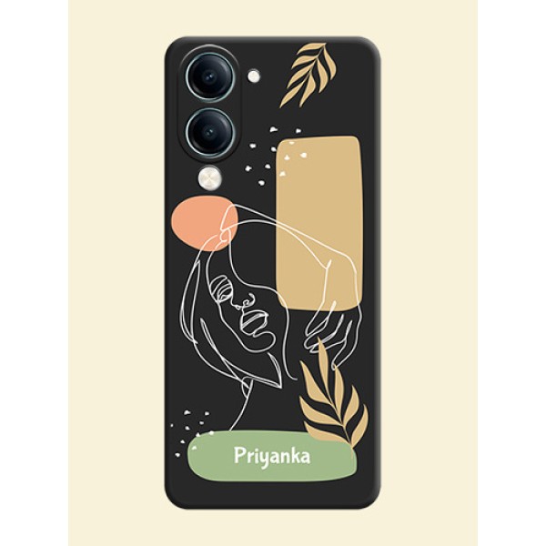 Custom Text With Line Art Of Women & Leaves Design On Space Black Custom Soft Matte Mobile Back Cover - Vivo Y19s Custom Text With Line Art Of Women & Leaves Design On Space Black Custom Soft Matte Mobile Back Cover - Vivo Y19s
