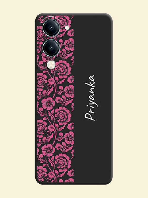 Pink Floral Pattern Design With Custom Text On Space Black Custom Soft Matte Mobile Back Cover - Vivo Y19s