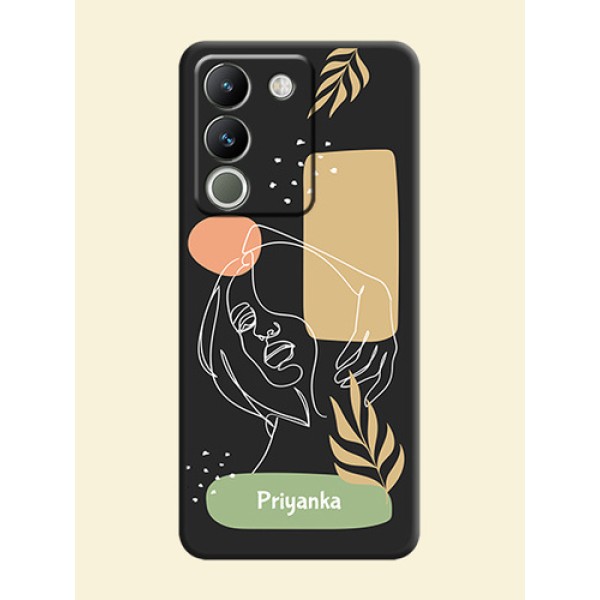 Custom Text With Line Art Of Women & Leaves Design On Space Black Custom Soft Matte Mobile Back Cover - Vivo Y200 5G Custom Text With Line Art Of Women & Leaves Design On Space Black Custom Soft Matte Mobile Back Cover - Vivo Y200 5G