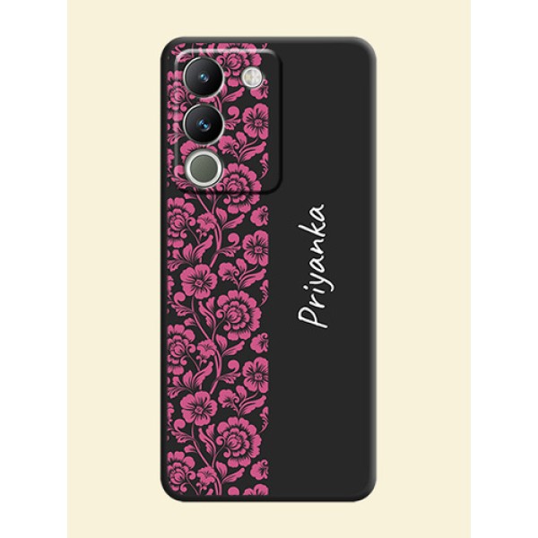 Pink Floral Pattern Design With Custom Text On Space Black Custom Soft Matte Mobile Back Cover - Vivo Y200 5G Pink Floral Pattern Design With Custom Text On Space Black Custom Soft Matte Mobile Back Cover - Vivo Y200 5G