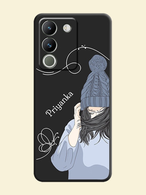 Girl With Blue Winter Outfiit Custom Text Design On Space Black Custom Soft Matte Mobile Back Cover - Vivo Y200 5G