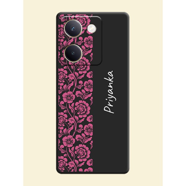 Pink Floral Pattern Design With Custom Text On Space Black Custom Soft Matte Mobile Back Cover - Vivo Y200 Pro 5G Pink Floral Pattern Design With Custom Text On Space Black Custom Soft Matte Mobile Back Cover - Vivo Y200 Pro 5G