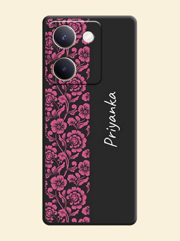 Pink Floral Pattern Design With Custom Text On Space Black Custom Soft Matte Mobile Back Cover - Vivo Y200 Pro 5G