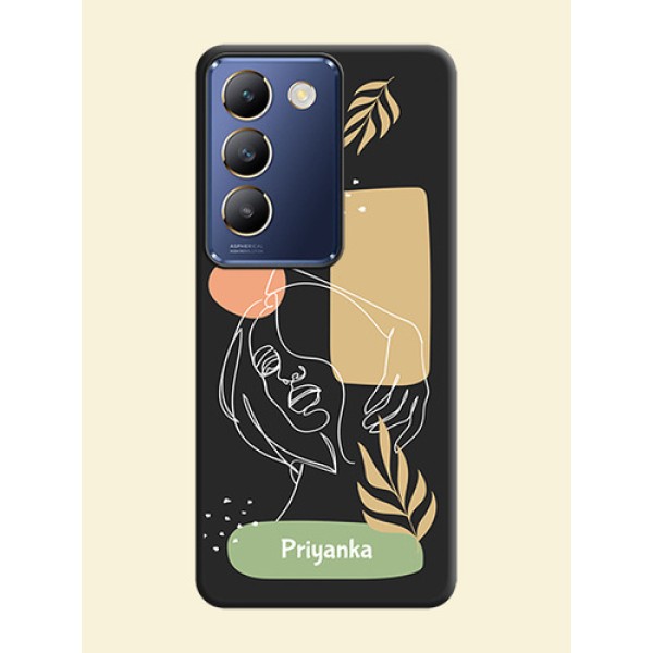 Custom Text With Line Art Of Women & Leaves Design On Space Black Personalized Soft Matte Phone Covers - Vivo Y200E 5G