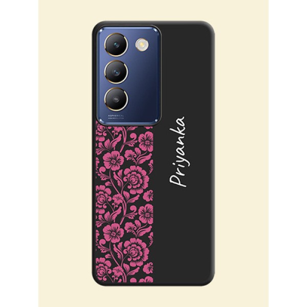 Pink Floral Pattern Design With Custom Text On Space Black Personalized Soft Matte Phone Covers - Vivo Y200E 5G