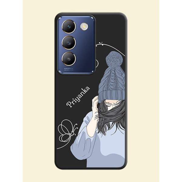 Girl With Blue Winter Outfiit Custom Text Design On Space Black Personalized Soft Matte Phone Covers - Vivo Y200E 5G