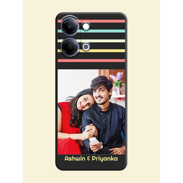 Color Stripes with Photo and Text on Photo On Space Black Custom Soft Matte Mobile Back Cover - Vivo Y21 5G Color Stripes with Photo and Text on Photo On Space Black Custom Soft Matte Mobile Back Cover - Vivo Y21 5G