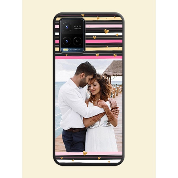 Multicolor Lines and Golden Love Symbols Design on Photo on Space Black Soft Matte Mobile Cover - Vivo Y21 Multicolor Lines and Golden Love Symbols Design on Photo on Space Black Soft Matte Mobile Cover - Vivo Y21