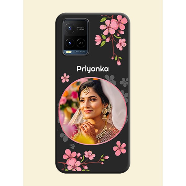 Round Image with Pink Color Floral Design on Photo on Space Black Soft Matte Back Cover - Vivo Y21