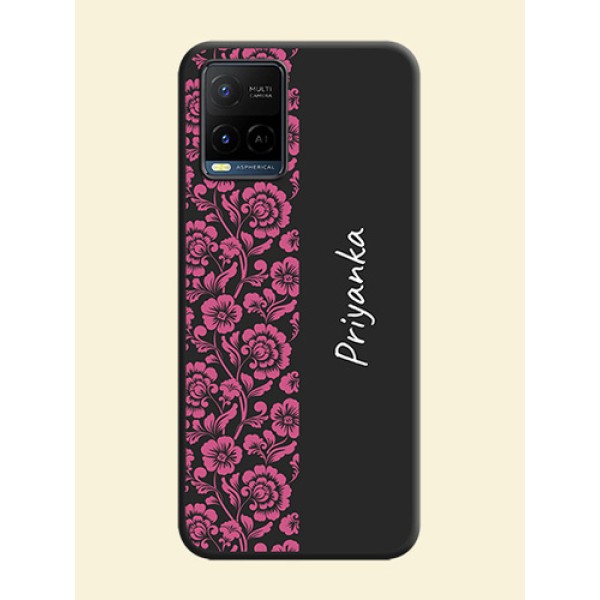 Pink Floral Pattern Design With Custom Text On Space Black Personalized Soft Matte Phone Covers -Vivo Y21 Pink Floral Pattern Design With Custom Text On Space Black Personalized Soft Matte Phone Covers -Vivo Y21