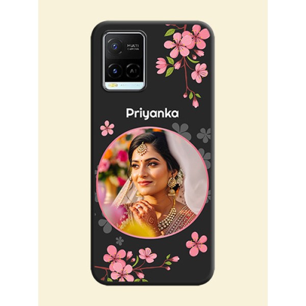 Round Image with Pink Color Floral Design on Photo on Space Black Soft Matte Back Cover - Vivo Y21e