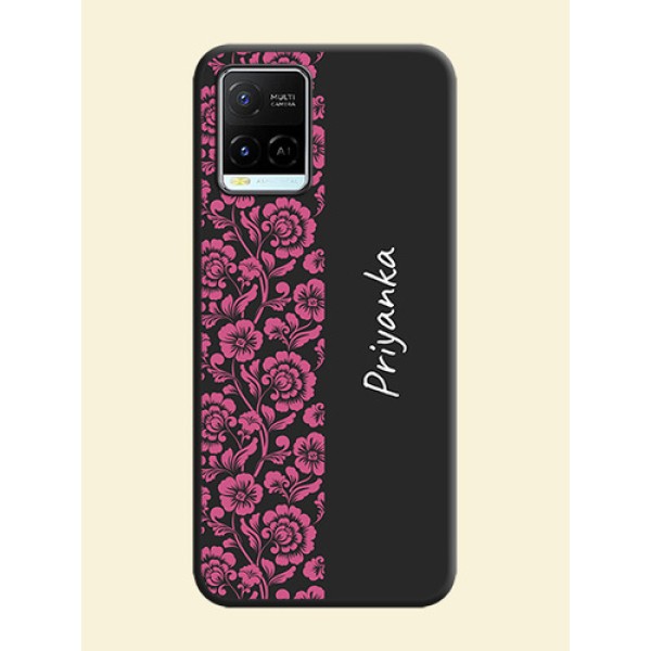 Pink Floral Pattern Design With Custom Text On Space Black Personalized Soft Matte Phone Covers -Vivo Y21E Pink Floral Pattern Design With Custom Text On Space Black Personalized Soft Matte Phone Covers -Vivo Y21E