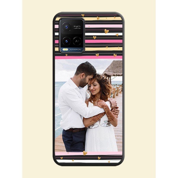 Multicolor Lines and Golden Love Symbols Design on Photo on Space Black Soft Matte Mobile Cover - Vivo Y21G Multicolor Lines and Golden Love Symbols Design on Photo on Space Black Soft Matte Mobile Cover - Vivo Y21G