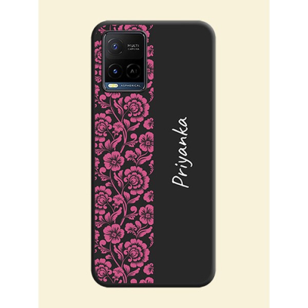 Pink Floral Pattern Design With Custom Text On Space Black Personalized Soft Matte Phone Covers -Vivo Y21G Pink Floral Pattern Design With Custom Text On Space Black Personalized Soft Matte Phone Covers -Vivo Y21G