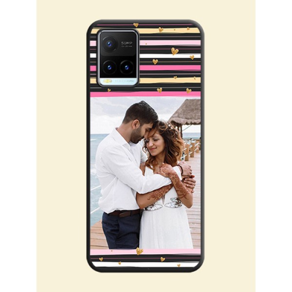 Multicolor Lines and Golden Love Symbols Design on Photo on Space Black Soft Matte Mobile Cover - Vivo Y21T Multicolor Lines and Golden Love Symbols Design on Photo on Space Black Soft Matte Mobile Cover - Vivo Y21T