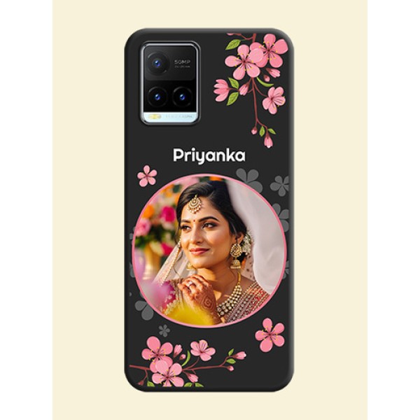Round Image with Pink Color Floral Design on Photo on Space Black Soft Matte Back Cover - Vivo Y21T