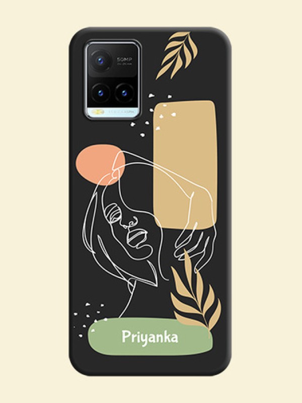 Custom Text With Line Art Of Women & Leaves Design On Space Black Personalized Soft Matte Phone Covers -Vivo Y21T