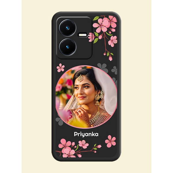 Round Image with Pink Color Floral Design on Photo on Space Black Soft Matte Back Cover - Vivo Y22