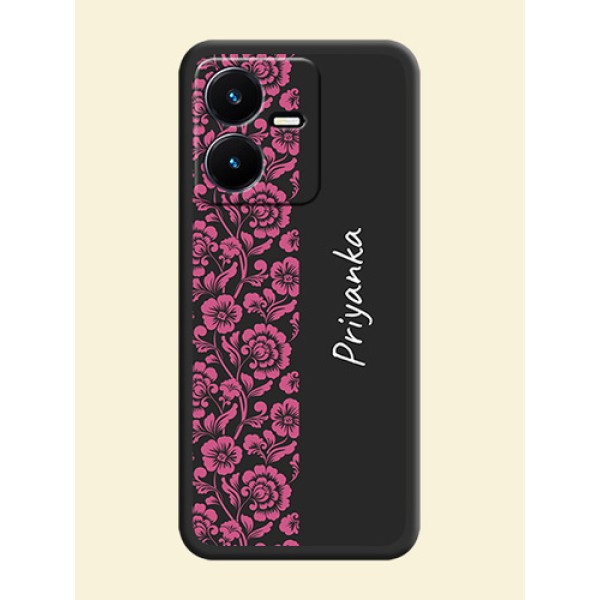 Pink Floral Pattern Design With Custom Text On Space Black Personalized Soft Matte Phone Covers -Vivo Y22 Pink Floral Pattern Design With Custom Text On Space Black Personalized Soft Matte Phone Covers -Vivo Y22