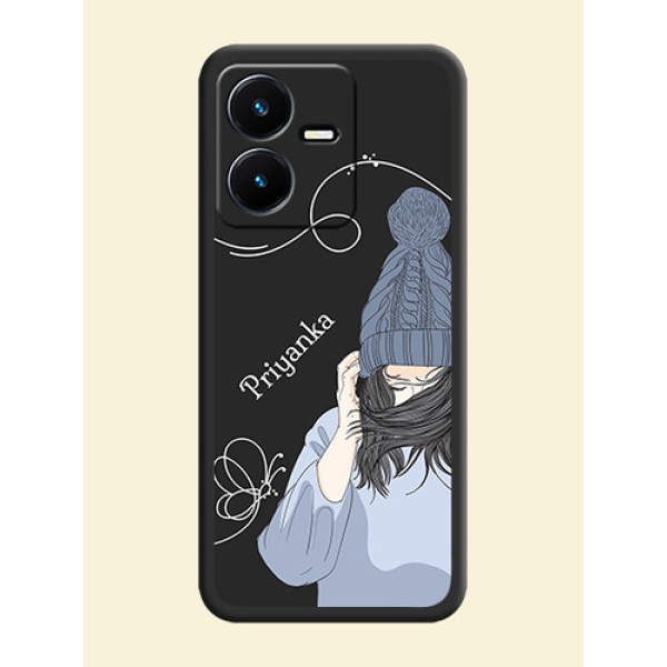 Girl With Blue Winter Outfiit Custom Text Design On Space Black Personalized Soft Matte Phone Covers -Vivo Y22 Girl With Blue Winter Outfiit Custom Text Design On Space Black Personalized Soft Matte Phone Covers -Vivo Y22