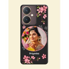 Round Image with Pink Color Floral Design - Photo on Space Black Soft Matte Back Cover - Vivo Y27