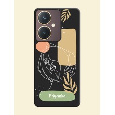 Custom Text With Line Art Of Women & Leaves Design On Space Black Personalized Soft Matte Phone Covers - Vivo Y27