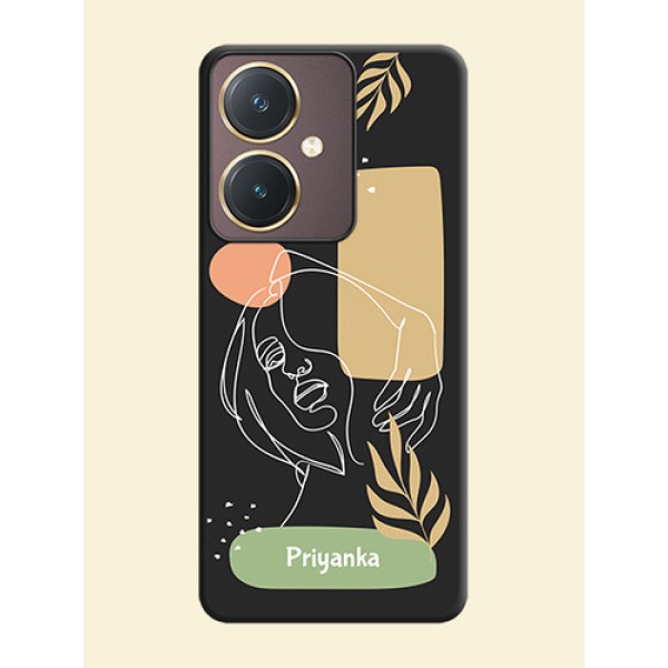 Custom Text With Line Art Of Women & Leaves Design On Space Black Personalized Soft Matte Phone Covers - Vivo Y27