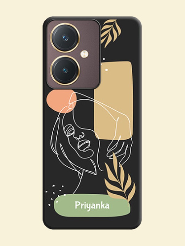 Custom Text With Line Art Of Women & Leaves Design On Space Black Personalized Soft Matte Phone Covers - Vivo Y27