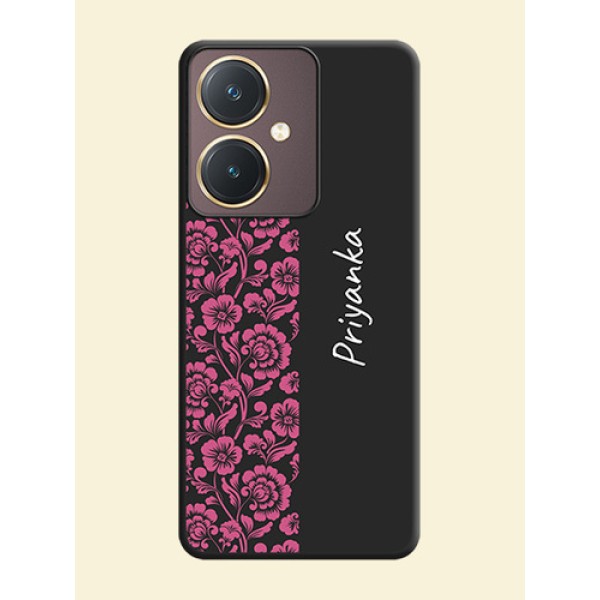 Pink Floral Pattern Design With Custom Text On Space Black Personalized Soft Matte Phone Covers - Vivo Y27