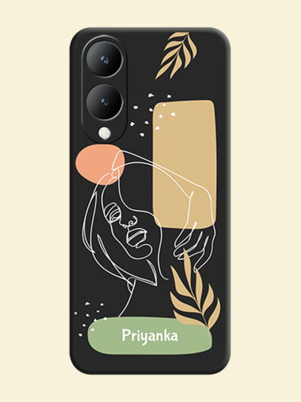 Custom Text With Line Art Of Women & Leaves Design On Space Black Personalized Soft Matte Phone Covers -Vivo Y28 5G
