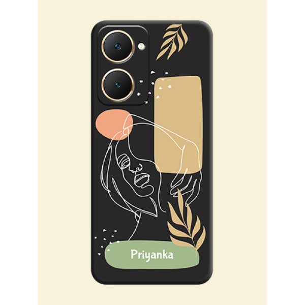 Custom Text With Line Art Of Women & Leaves Design On Space Black Custom Soft Matte Mobile Back Cover - Vivo Y28e 5G Custom Text With Line Art Of Women & Leaves Design On Space Black Custom Soft Matte Mobile Back Cover - Vivo Y28e 5G