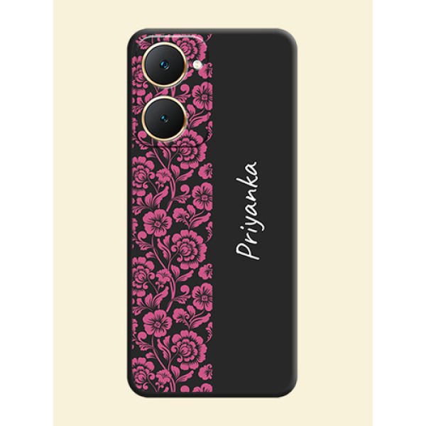 Pink Floral Pattern Design With Custom Text On Space Black Custom Soft Matte Mobile Back Cover - Vivo Y28e 5G Pink Floral Pattern Design With Custom Text On Space Black Custom Soft Matte Mobile Back Cover - Vivo Y28e 5G
