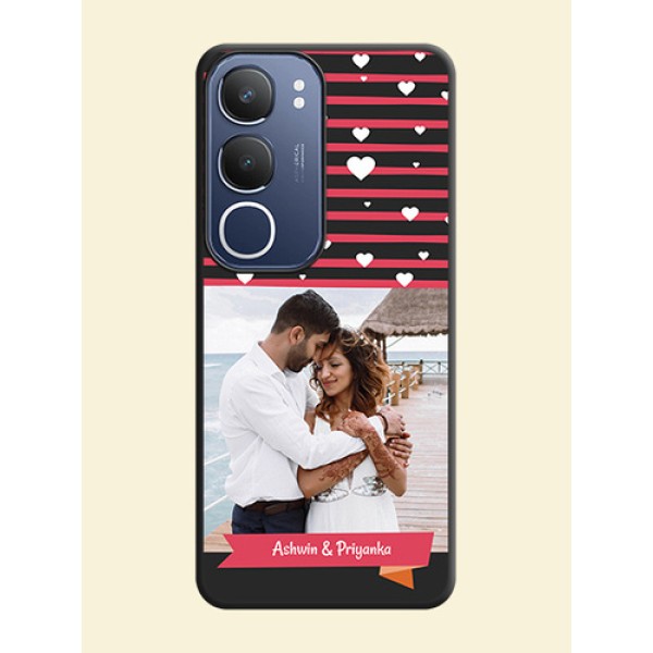 White Color Love Symbols with Pink Lines Pattern On Space Black Custom Soft Matte Mobile Back Cover - Vivo Y29 5G