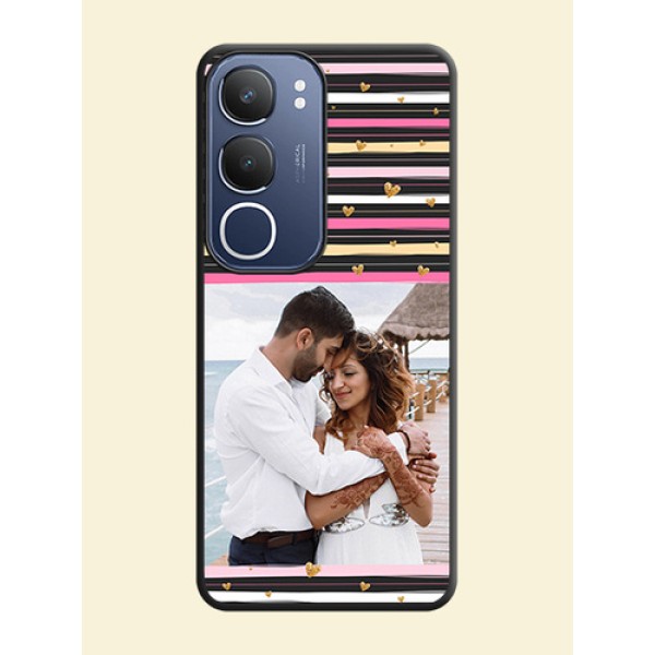 Multicolor Lines and Golden Love Symbols Design on Photo On Space Black Custom Soft Matte Mobile Back Cover - Vivo Y29 5G Multicolor Lines and Golden Love Symbols Design on Photo On Space Black Custom Soft Matte Mobile Back Cover - Vivo Y29 5G