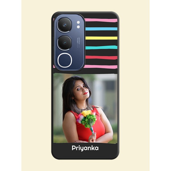 Multicolor Lines with Image On Space Black Custom Soft Matte Mobile Back Cover - Vivo Y29 5G Multicolor Lines with Image On Space Black Custom Soft Matte Mobile Back Cover - Vivo Y29 5G