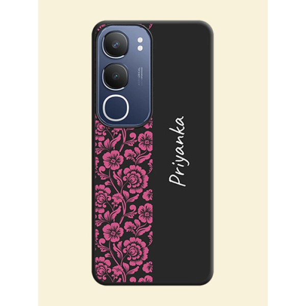Pink Floral Pattern Design With Custom Text On Space Black Custom Soft Matte Mobile Back Cover - Vivo Y29 5G Pink Floral Pattern Design With Custom Text On Space Black Custom Soft Matte Mobile Back Cover - Vivo Y29 5G