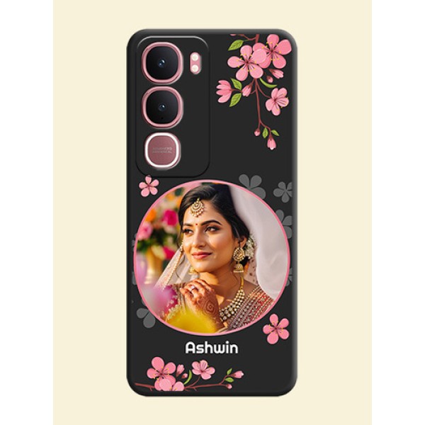 Round Image with Pink Color Floral Design on Photo On Space Black Custom Soft Matte Mobile Back Cover - Vivo Y31 5G Round Image with Pink Color Floral Design on Photo On Space Black Custom Soft Matte Mobile Back Cover - Vivo Y31 5G