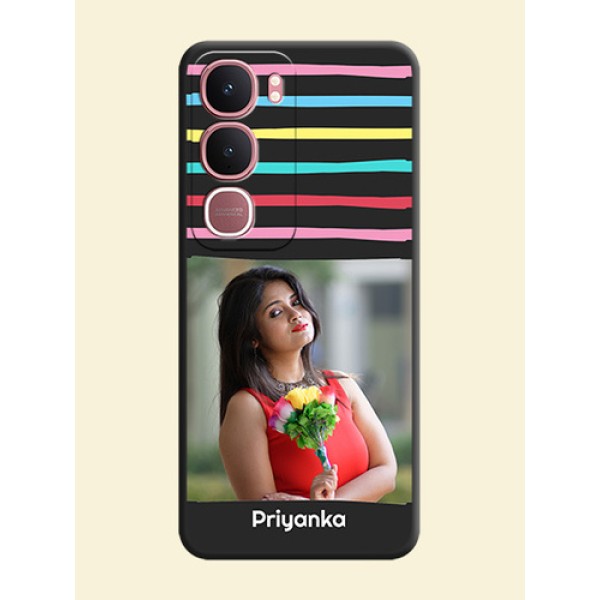 Multicolor Lines with Image On Space Black Custom Soft Matte Mobile Back Cover - Vivo Y31 5G Multicolor Lines with Image On Space Black Custom Soft Matte Mobile Back Cover - Vivo Y31 5G
