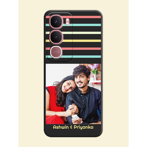 Color Stripes with Photo and Text on Photo On Space Black Custom Soft Matte Mobile Back Cover - Vivo Y31 5G Color Stripes with Photo and Text on Photo On Space Black Custom Soft Matte Mobile Back Cover - Vivo Y31 5G