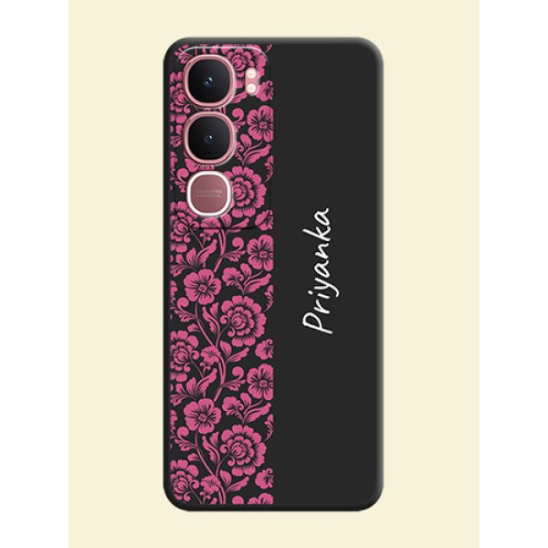 Pink Floral Pattern Design With Custom Text On Space Black Custom Soft Matte Mobile Back Cover - Vivo Y31 5G Pink Floral Pattern Design With Custom Text On Space Black Custom Soft Matte Mobile Back Cover - Vivo Y31 5G