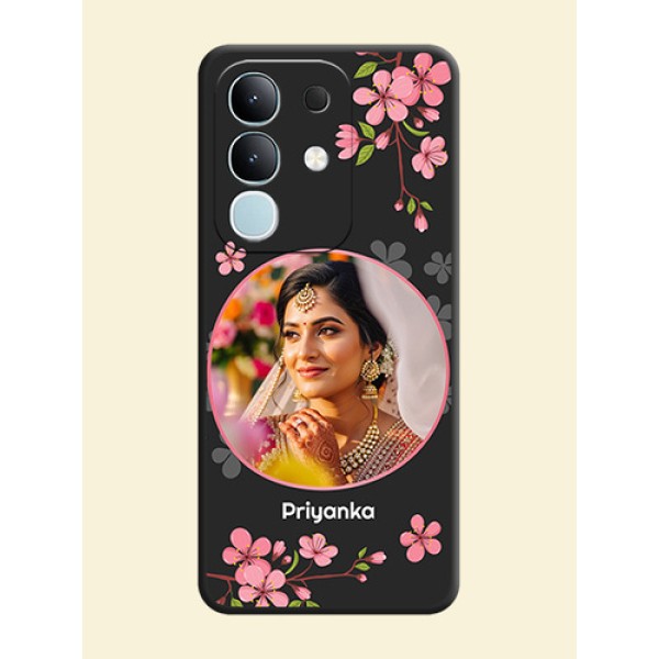 Round Image with Pink Color Floral Design on Photo On Space Black Custom Soft Matte Mobile Back Cover - Vivo Y31 Pro 5G Round Image with Pink Color Floral Design on Photo On Space Black Custom Soft Matte Mobile Back Cover - Vivo Y31 Pro 5G