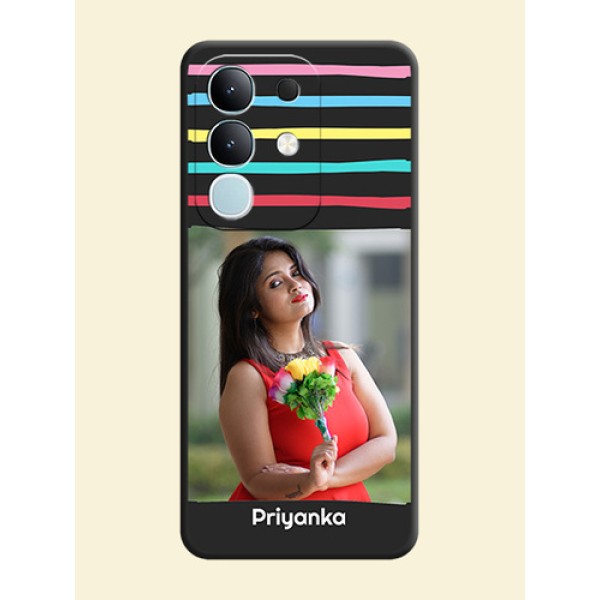 Multicolor Lines with Image On Space Black Custom Soft Matte Mobile Back Cover - Vivo Y31 Pro 5G Multicolor Lines with Image On Space Black Custom Soft Matte Mobile Back Cover - Vivo Y31 Pro 5G